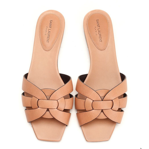 Saint Laurent YSL Tribute Nu Pieds 05 Corda Beige Leather Slide Sandal Flat 39.5 - Picture 1 of 15